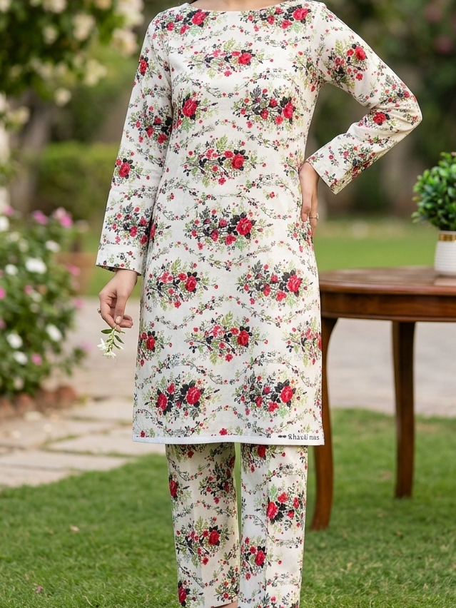 Woman wearing a floral outfit standing in a garden
