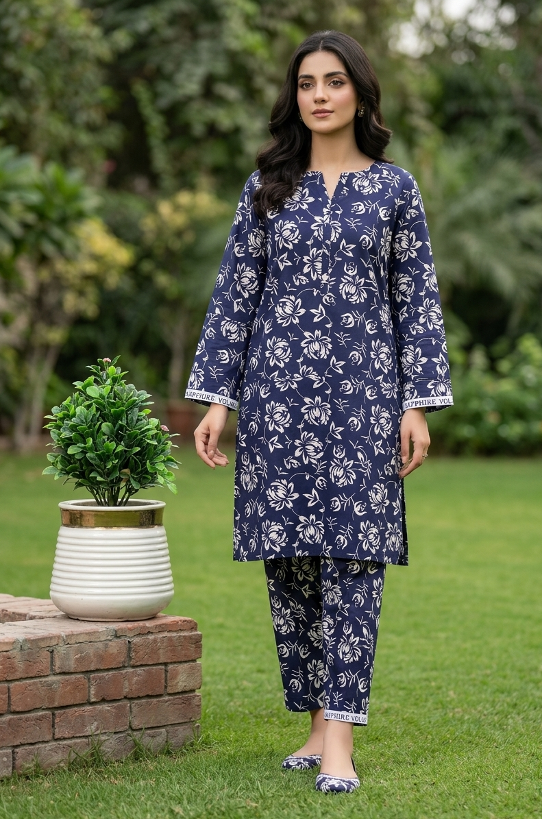 Woman wearing a navy blue floral outfit standing outdoors with greenery in the background