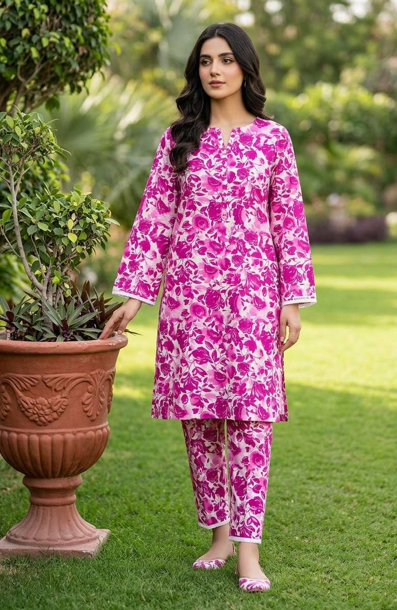 Woman wearing a pink floral outfit standing outdoors with greenery in the background