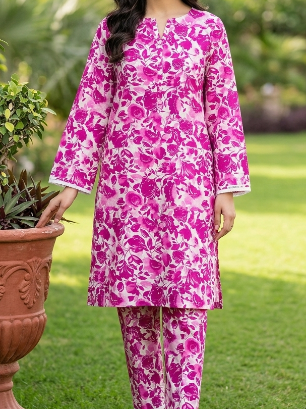 Woman wearing a pink floral outfit standing outdoors with greenery in the background