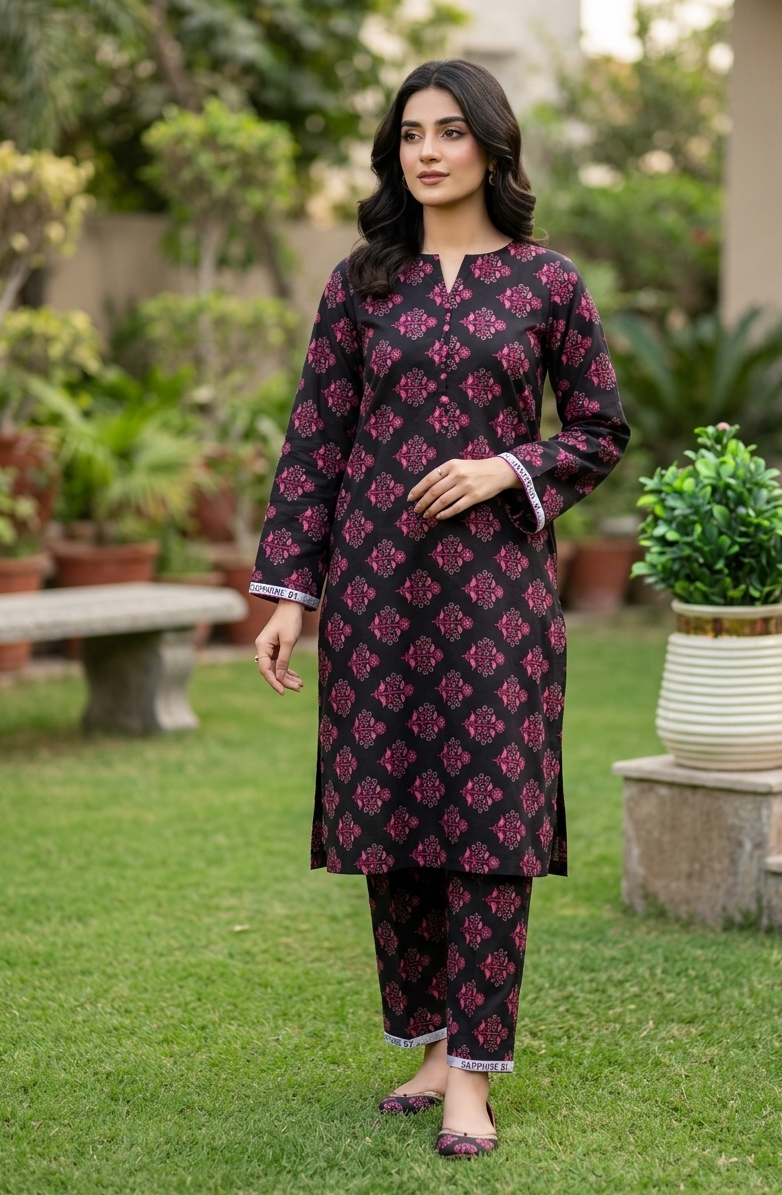 Woman wearing a black and red patterned outfit standing in a garden.