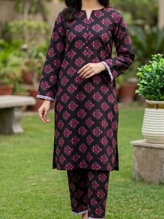 Woman wearing a black and red patterned outfit standing in a garden.
