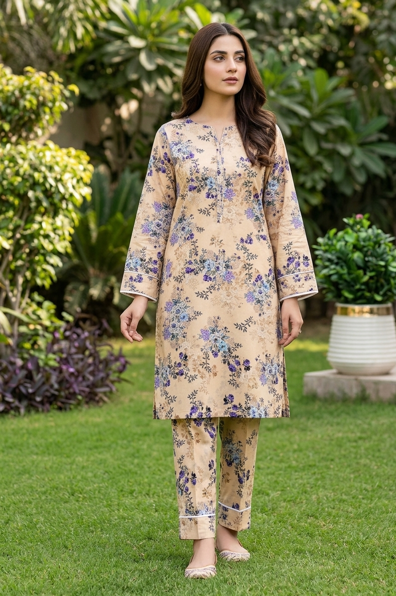 Woman wearing a floral dress standing in a garden