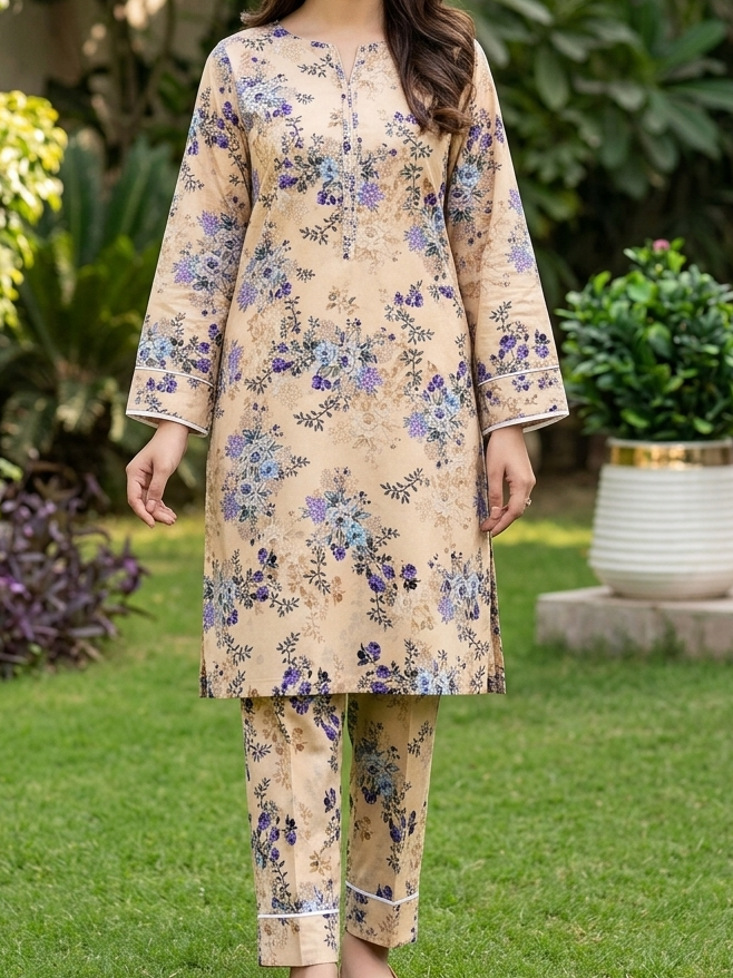 Woman wearing a floral dress standing in a garden