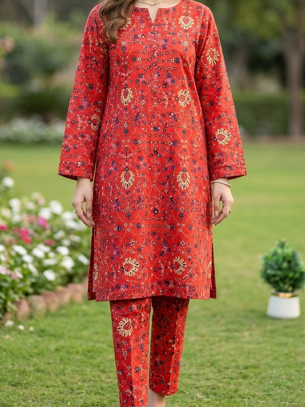 Woman wearing a red traditional outfit with floral patterns in an outdoor garden setting.