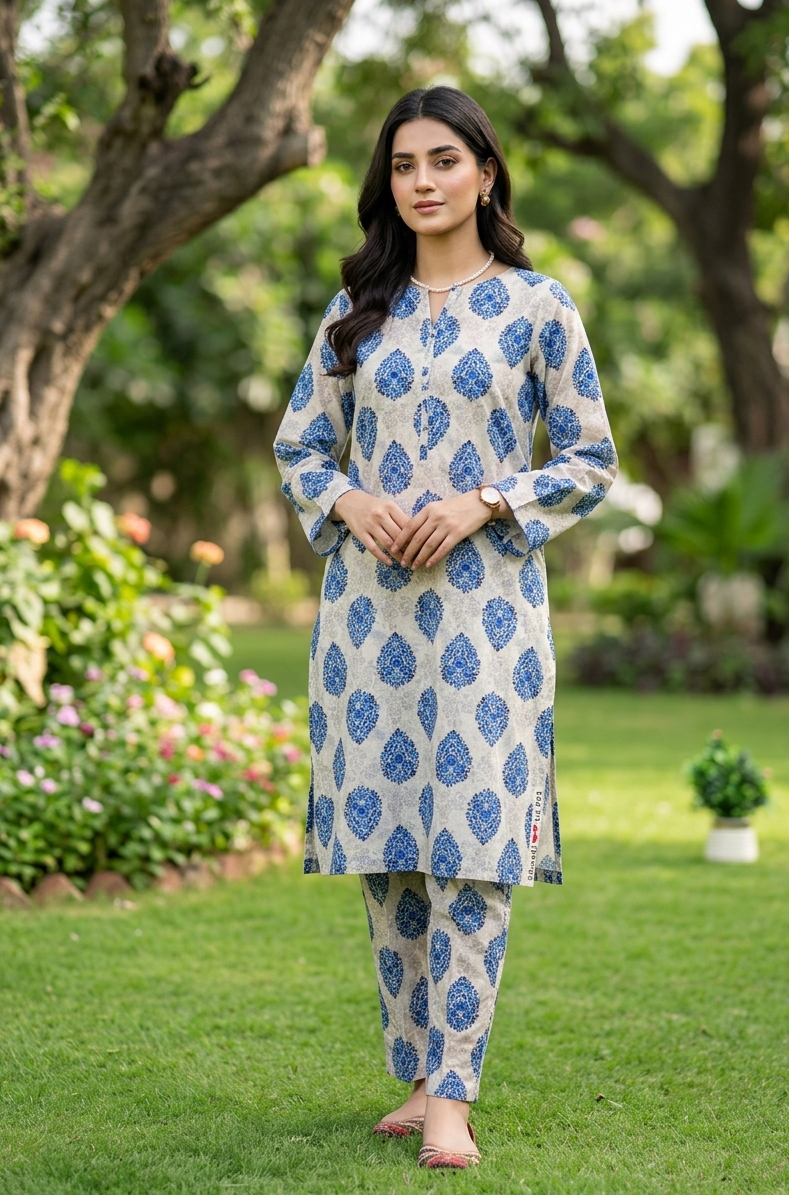Woman wearing a blue and white patterned outfit standing in a garden.