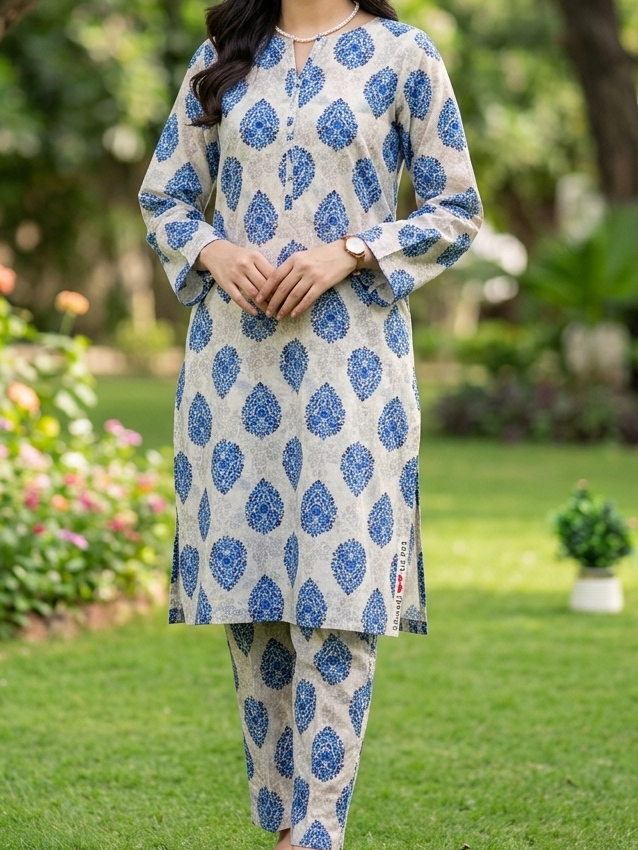 Woman wearing a blue and white patterned outfit standing in a garden.