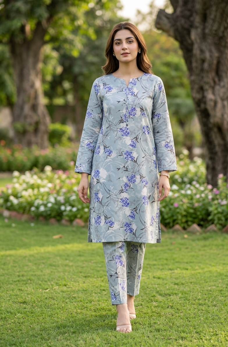 Woman in a floral outfit standing in a garden with trees and flowers in the background