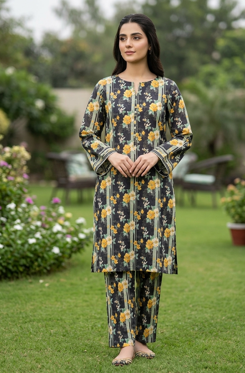 Woman wearing a floral dress and pants set in a garden setting