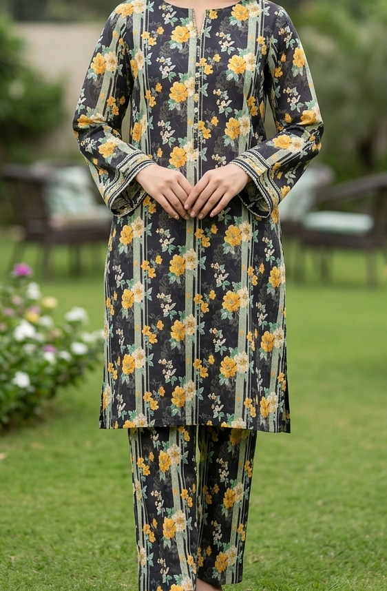 Woman wearing a floral dress and pants set in a garden setting