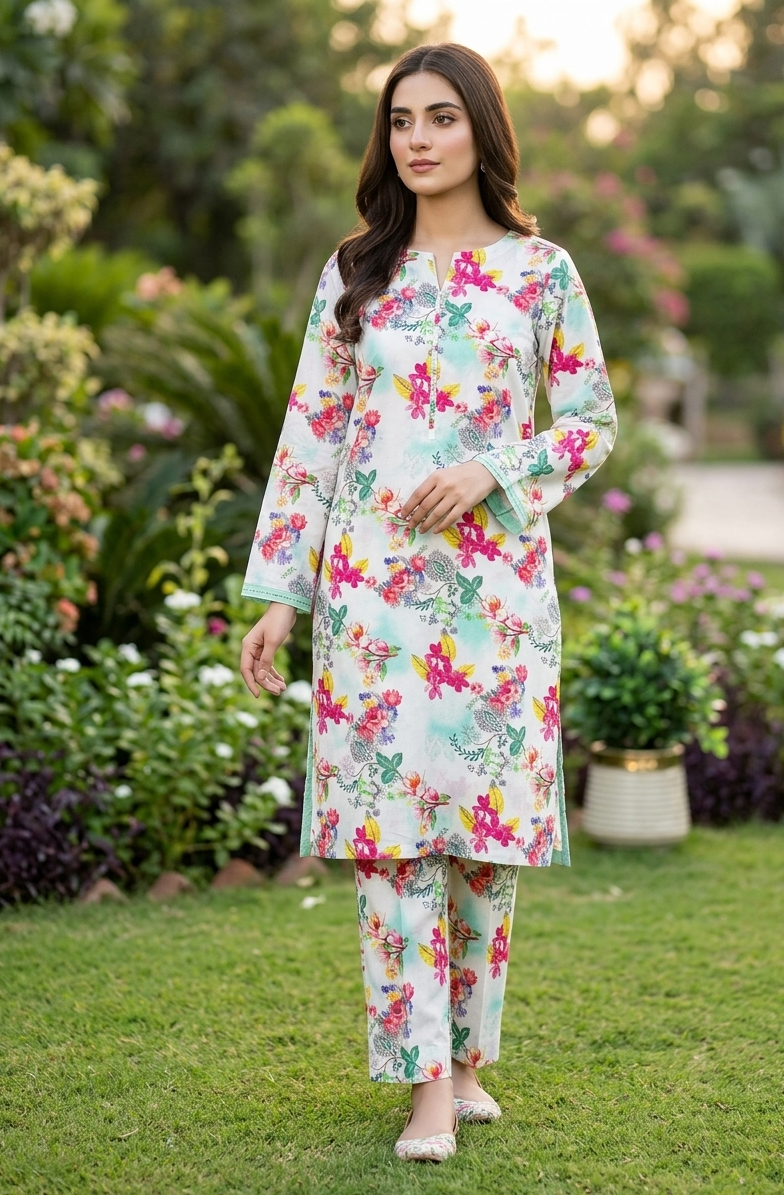 Woman in a floral outfit standing in a garden