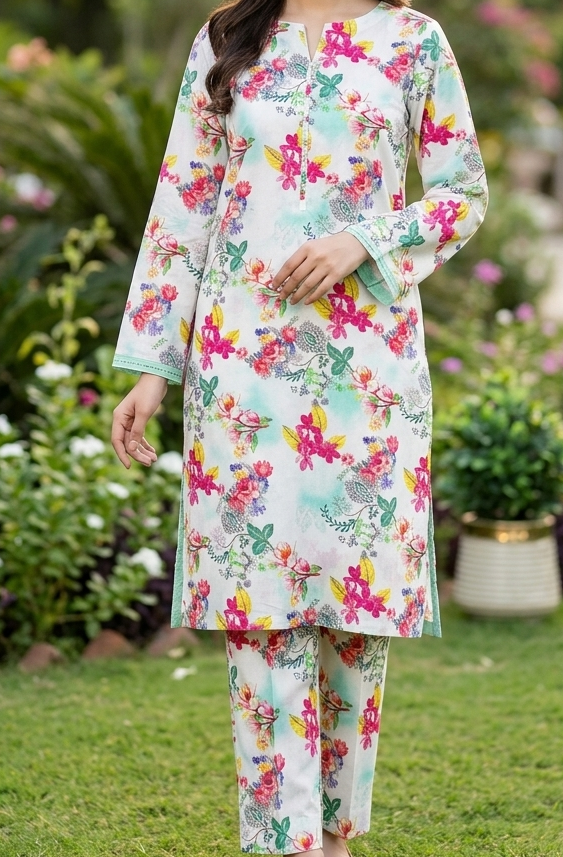 Woman in a floral outfit standing in a garden