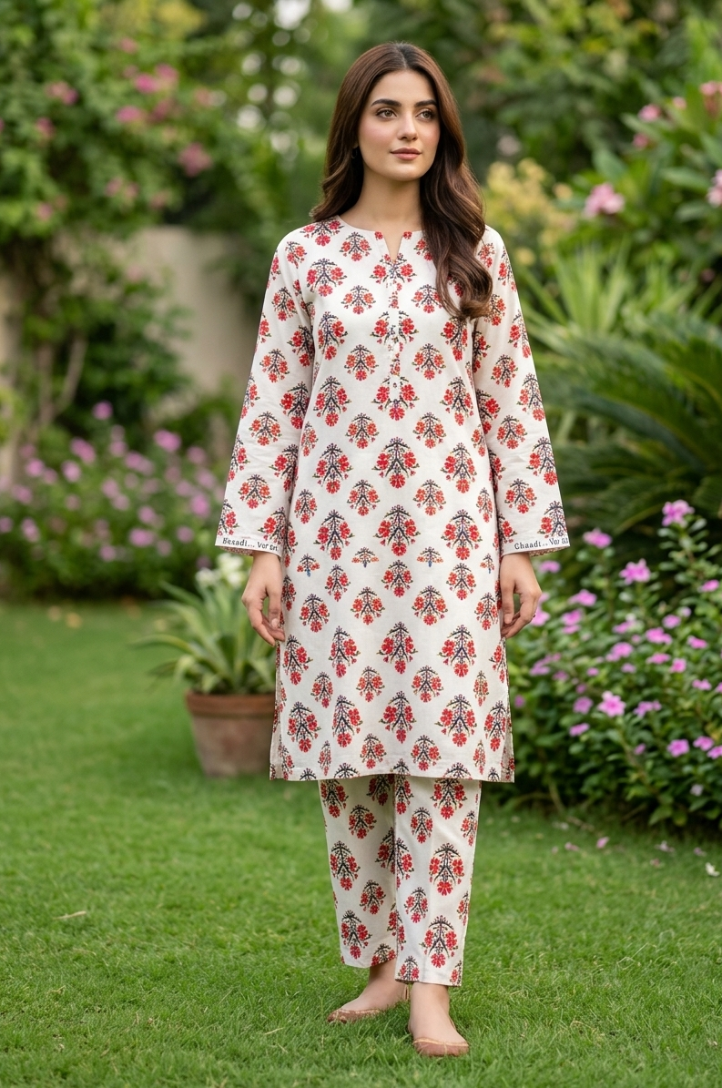 Woman wearing a floral kurta and pants set standing in a garden with greenery and flowers.