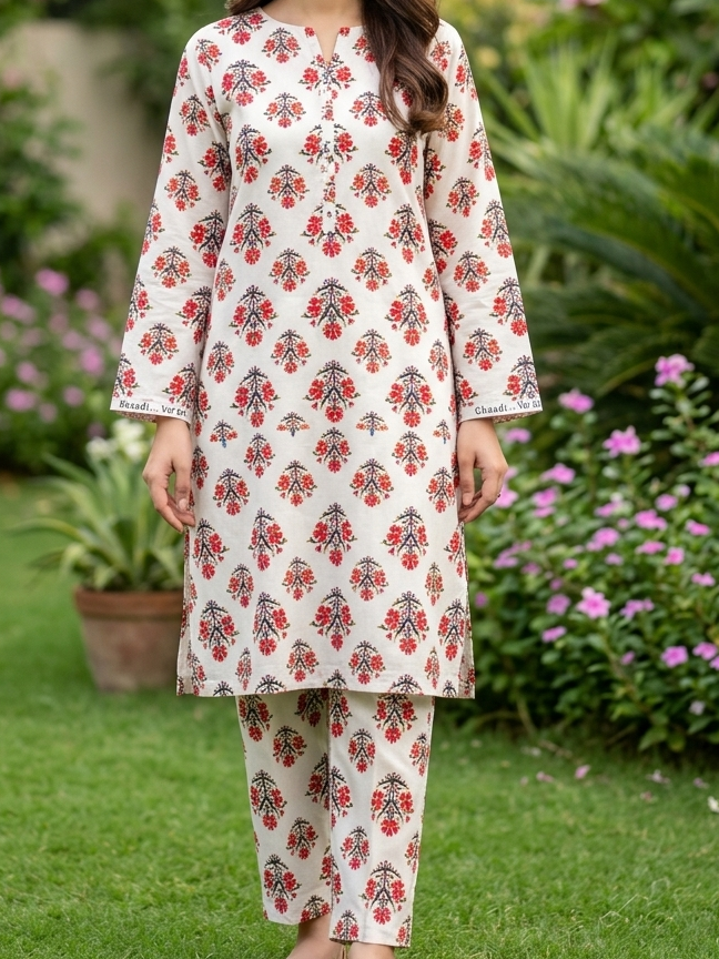 Woman wearing a floral kurta and pants set standing in a garden with greenery and flowers.