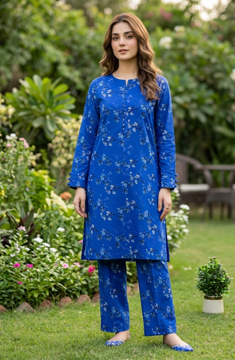 Woman wearing a blue floral outfit standing in a garden