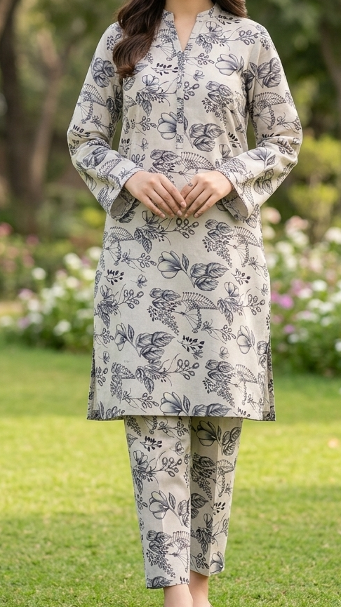 Woman in a floral outfit standing in a garden with greenery and flowers in the background