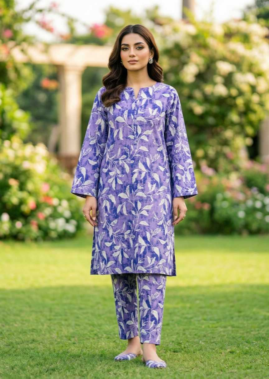Woman wearing a purple floral outfit standing in a garden.